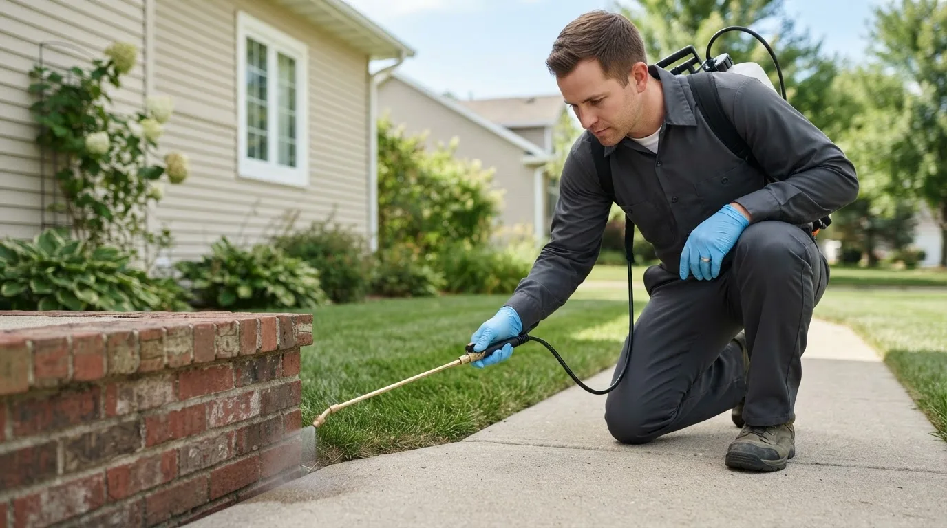 Pest control technician treating a home near Grayslake, IL